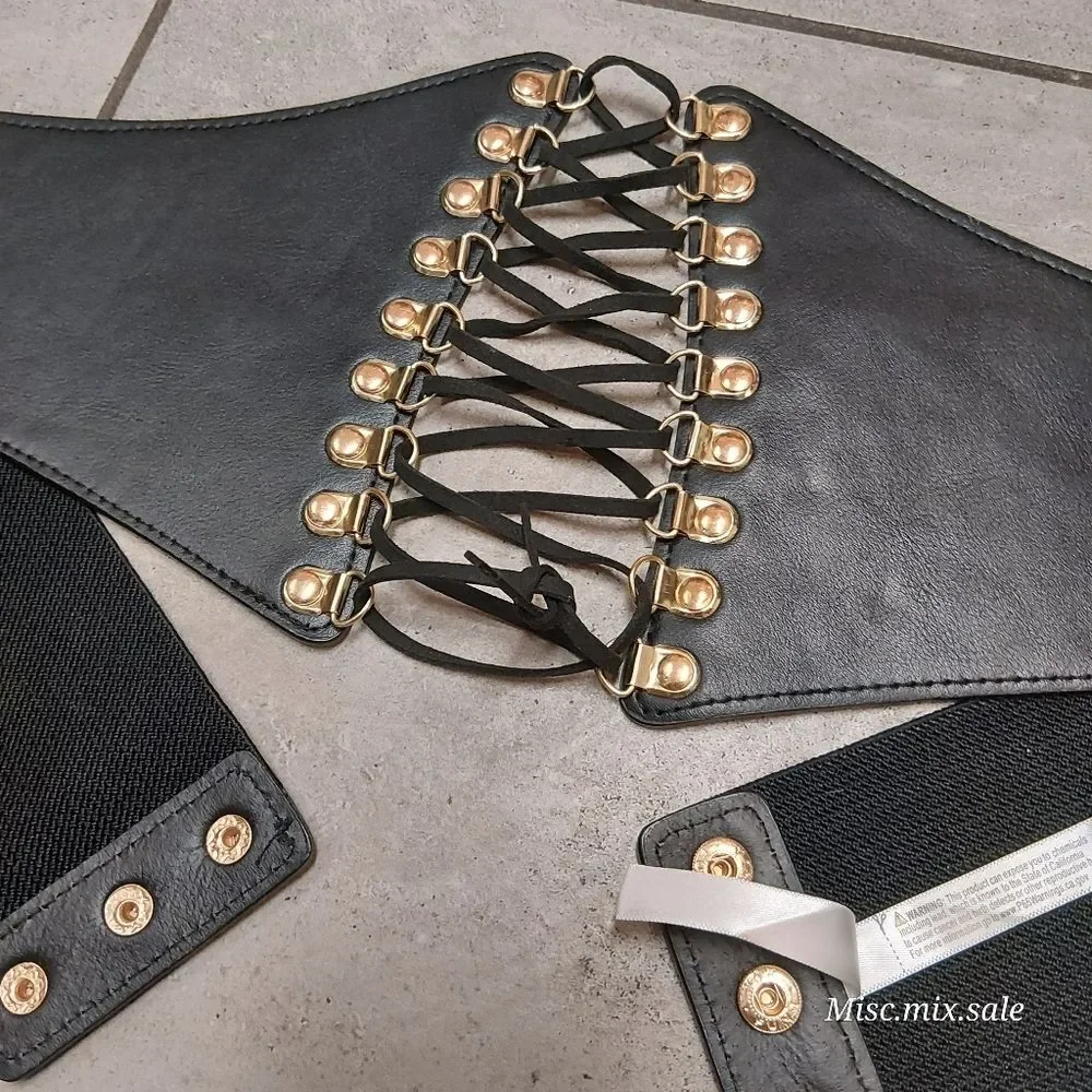 Chic Corset-Style Elastic Waist Belt – Black & Gold PLUS size Lace-up